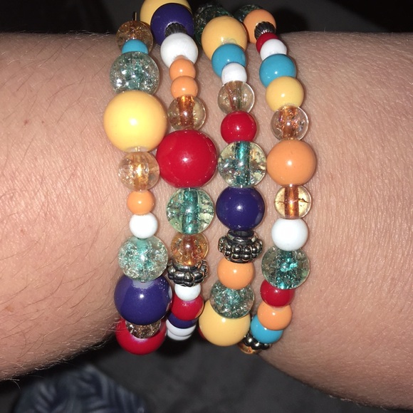 🌟Funky Chunky Colorful Glass and Metal Beaded Memory Wire Wrap bracelet artisan - Picture 3 of 5